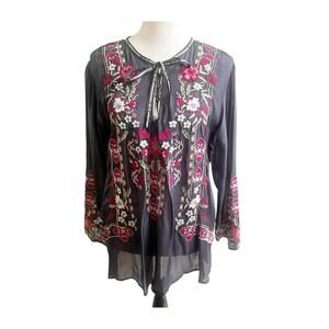 All About Her Embroiderd Blouse Bohemian Style Size XL Floral Rayon Blue Cottage